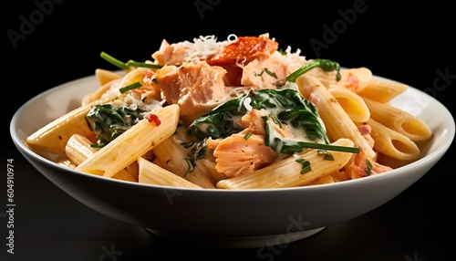 Penne pasta with smoked salmon with a creamy sauce 