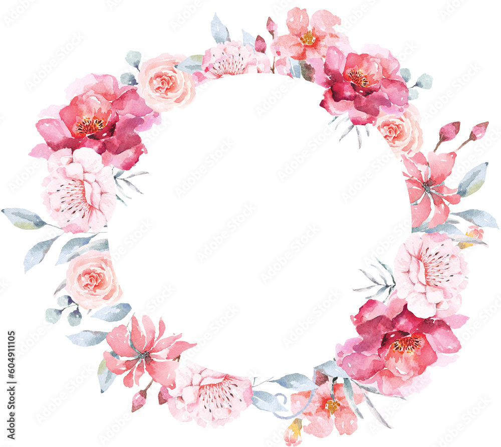 Rose and blooming flowers wreath painted in watercolor.Elegant floral ring for invitation, wedding or greeting cards.Vintage romantic style.Flower circle. Rose and blooming flowers wreath painted in watercolor.Elegant floral ring for invitation, wedding or greeting cards.Vintage romantic style.Flower circle.