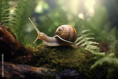 Macro shot of a snail crawling on green moss in a forest, a slow-paced moment in nature captured with Generative AI