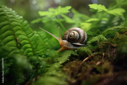 Macro shot of a snail crawling on green moss in a forest, a slow-paced moment in nature captured with Generative AI