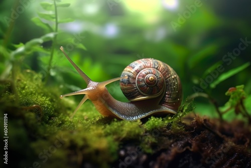 Macro shot of a snail crawling on green moss in a forest, a slow-paced moment in nature captured with Generative AI