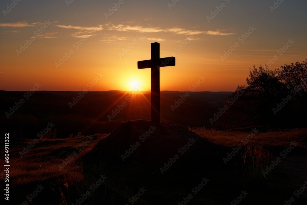 Jesus Christ cross. Easter, resurrection concept. Christian wooden cross on a background with dramatic lighting, colorful mountain sunset, dark clouds and sky, sunbeams 