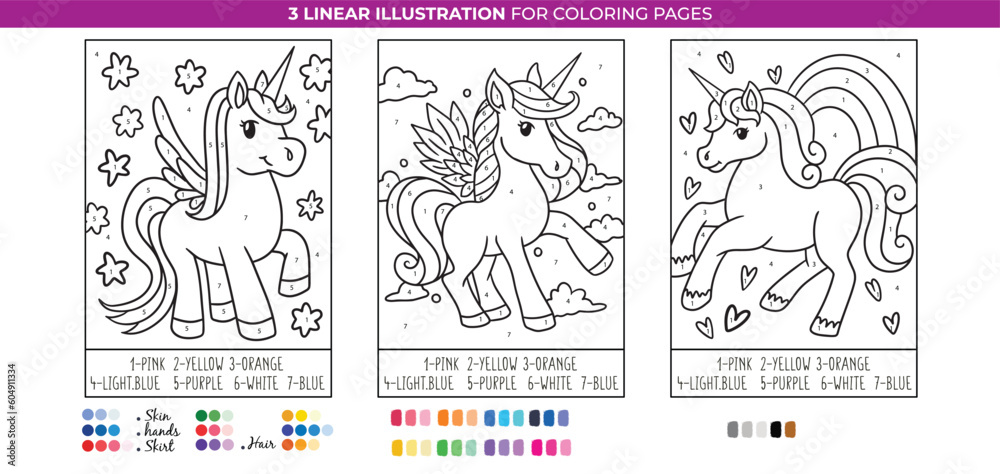 Fototapeta premium Unicorns and Shapes by Number Coloring Pages, Learn numbers and colors fantasy. Printable worksheet.