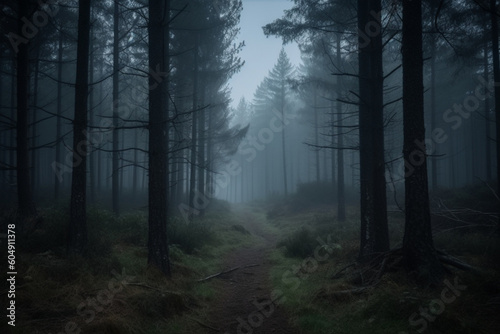 Dark foggy pine scary forest