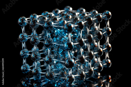 Physics and chemistry concept. Crystal lattice of a solid object. Scheme abstract visual glass model in cold and warm color contrast. Background with copy space. Generative AI photo