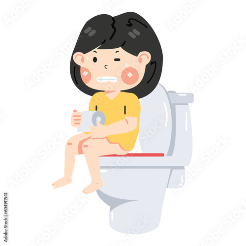 Cute little child sitting on toilet with paper roll in hand