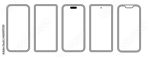 Different Outlined smartphones mockups minimal trendy black apple and android phone screens mockup. IPhone 14 Pro/Pro Max, Iphone 13 Pro/Pro Max, Google Pixel 6, 7, 8 or Samsung Galaxy S22, S23 