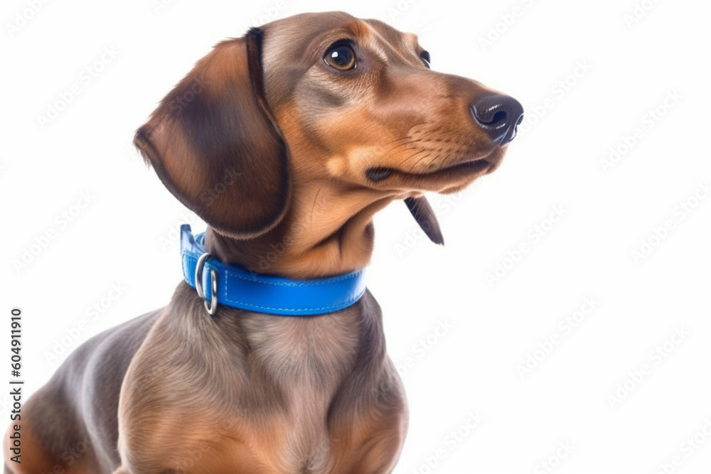 Dachshund wearing a blue dog collar standing isolated on white