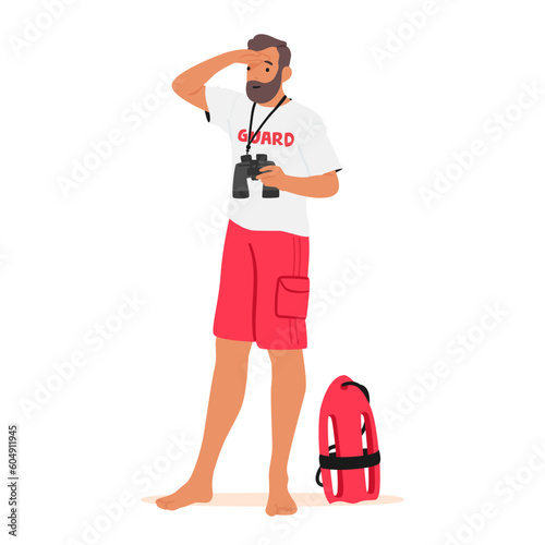 Vigilant Lifeguard Male Character Scanning With Binoculars For Potential Dangers And Emergencies, Ensuring Safety