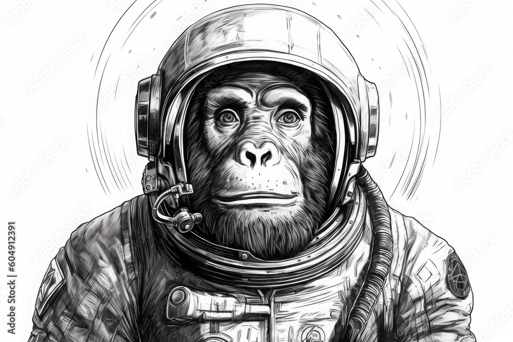 Fototapeta premium Drawing monkey in astronaut costume isolated on white background. Generative ai.