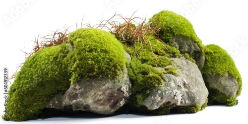 Stones with green moss and grass isolated on white background. Generative ai.