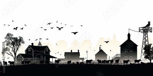 Black and white illustration of a farm with animals. Generative ai.