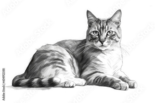 Drawing of a lying resting cat on a white background. Generative ai.