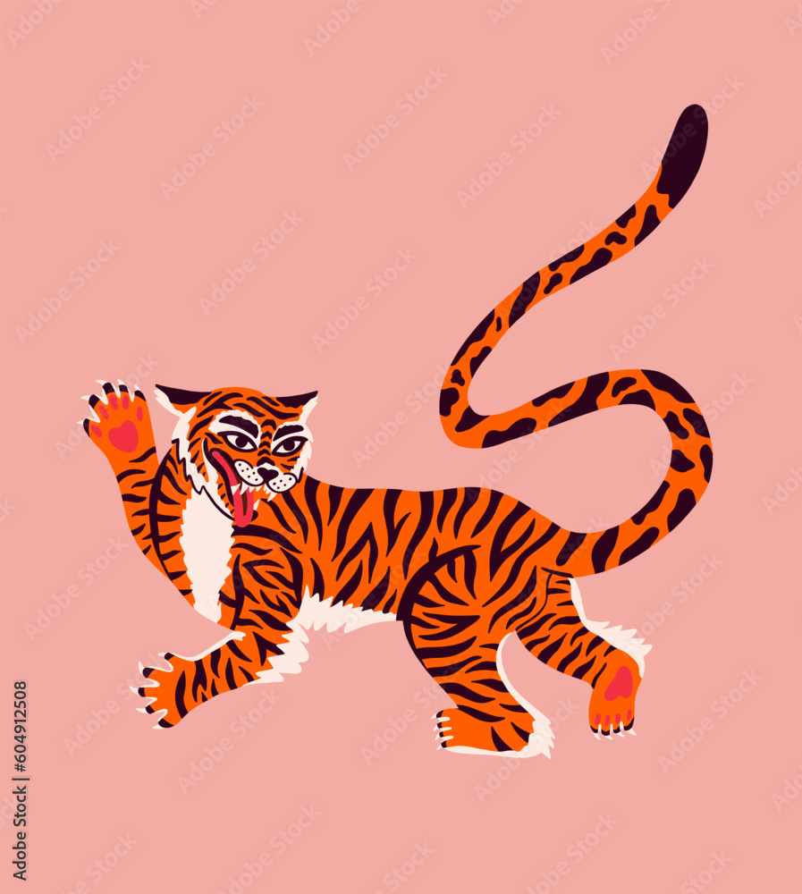 Stylish Indian roaring tiger in groovy stile. Vector cartoon illustration isolated on background. Tiger print for t shirt, poster, tattoo, decorate. Endangered animal.