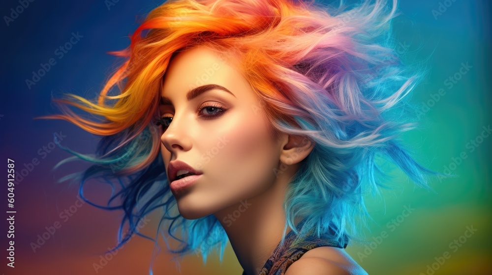 Pretty girl with colorful hair. Generative AI