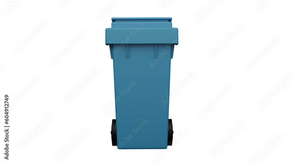 Plastic blue recycling bin on wheels isolated on transparent background
