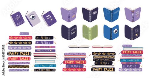 Books closed, open, spines, stacks, piles illustrations set. Hand drawn style flat design, isolated vector. Kids print elements, clipart collection, reading, education, literature library bookstore