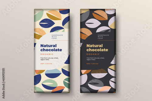 Organic dark and milk chocolate bar design. Creative abstract choco packaging vector mockup. Trendy luxury product branding template with label and pattern.