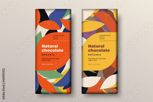 Organic dark and milk chocolate bar design. Creative abstract choco packaging vector mockup. Trendy luxury product branding template with label and pattern.