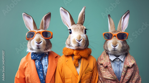 Gang family of rabbit bunny in vibrant bright fashionable outfits, commercial, editorial advertisement, surreal surrealism. Group shot. Generative AI