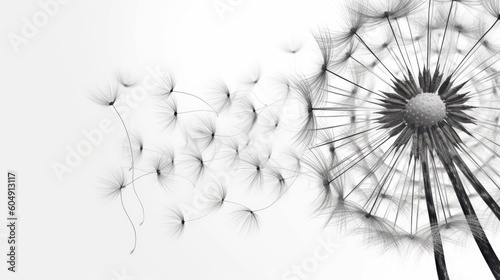 Minimalistischer Hintergrund mit einer zarten, schwarzen Löwenzahnblüte auf weißem Hintergrund mit fliegenden Samen, Generative AI photo