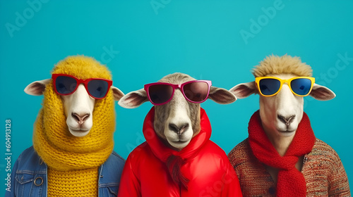 Gang family of sheep lamb in vibrant bright fashionable outfits, commercial, editorial advertisement, surreal surrealism. Group shot. Generative AI