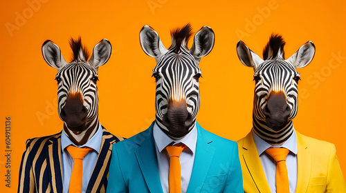 Gang family of zebra in vibrant bright fashionable outfits, commercial, editorial advertisement, surreal surrealism. Group shot. Generative AI