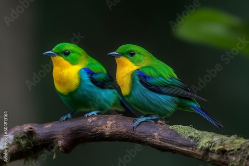 Cute birds, Beautiful tanager Blue-naped Chlorophonia Chlorophonia cyanea exotic tropical green songbird from Colombia, Wildlife from South America, Birdwatching in Colombia, Two animals on branch, © alisaaa