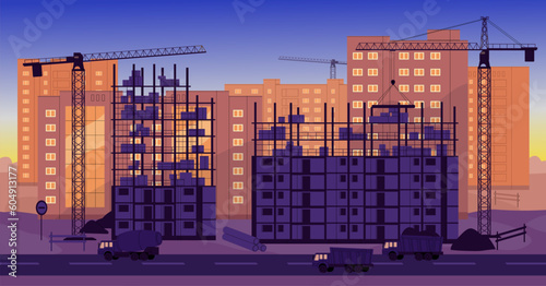 Construction site. Building process of multi-storey apartment houses development. Condo and cranes, condominiums structures in residential district. Real estate, architecture. Flat vector illustration