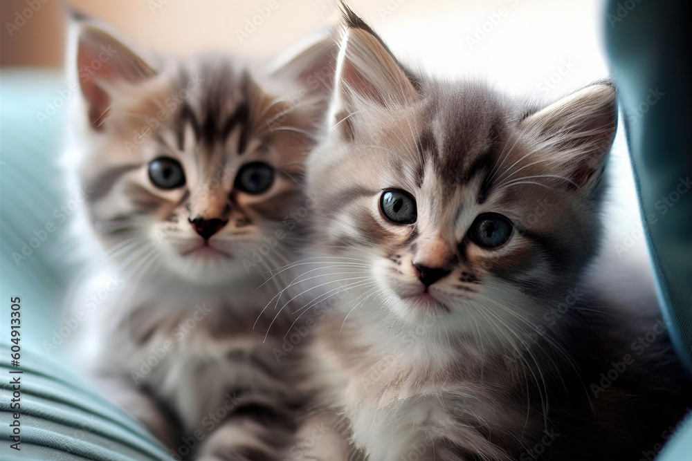 Two cute little Siberian kittens looking at camera. Adorable cats together. Homeless little kittens. Greeting card