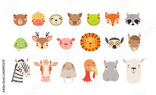 Fototapeta Naklejka Na Ścianę i Meble -  Cute funny baby animals faces illustrations set. Hand drawn cartoon characters. Scandinavian style flat design, isolated vector. Kids print elements, clipart collection, wildlife, nature, poster, card