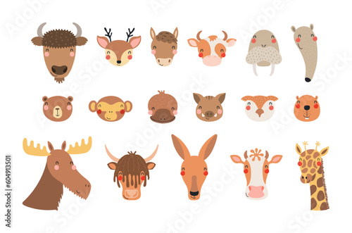 Cute funny baby animals faces illustrations set. Hand drawn cartoon character...