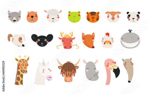 Cute funny baby animals faces illustrations set. Hand drawn cartoon characters. Scandinavian style flat design, isolated vector. Kids print elements, clipart collection, wildlife, nature, poster, card
