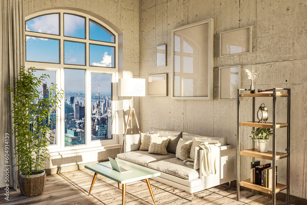 Naklejka premium luxurious loft apartment with arched window and panoramic view over urban downtown; noble interior living room design mock up; 3D Illustration