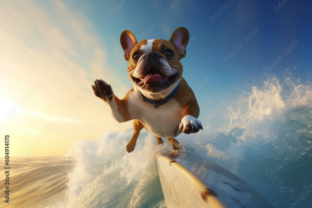Image of a happy French bulldog surfing big waves on a surfboard at the beach on a sunny day.