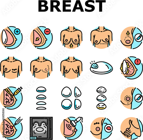 breast surgery body woman plastic icons set vector. beauty implant, medical skin, cosmetic female, health augmentation, chest silicone breast surgery body woman plastic color line illustrations