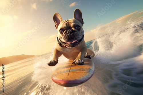 Image of a happy French bulldog surfing big waves on a surfboard at the beach on a sunny day.