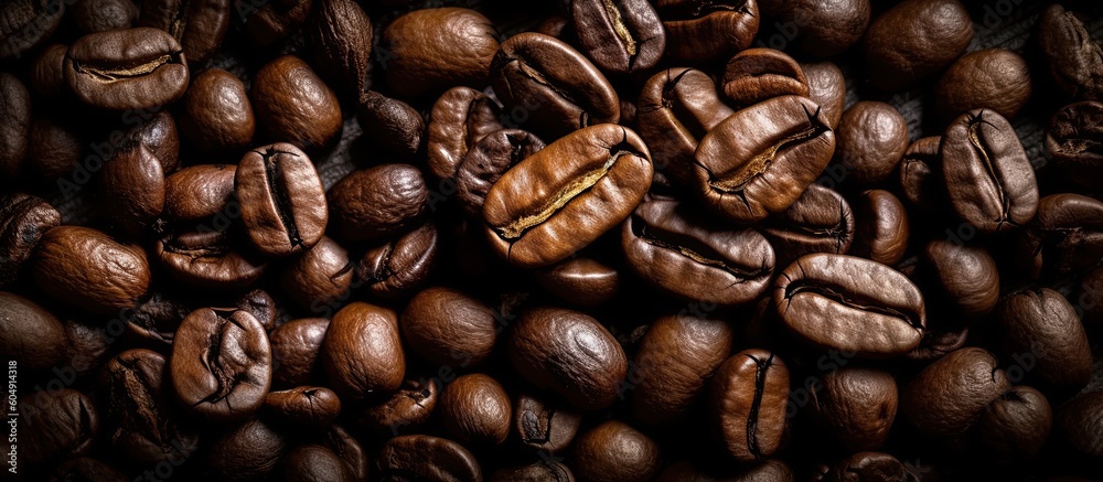 Coffee beans. Generative AI illustration.Panoramic horizontal background of roasted coffee beans. Coffee beans. Generative AI illustration.Panoramic horizontal background of roasted coffee beans.