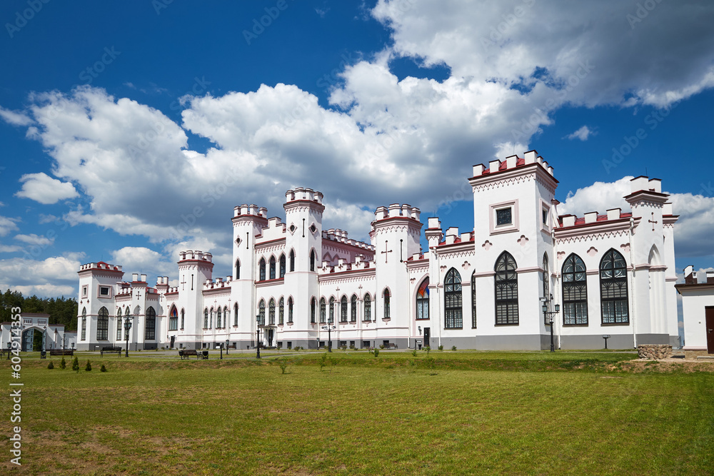Belorussian tourist landmark attraction - old ancient Kosovo Castle and park complex at summer season. Brest region, Belarus.