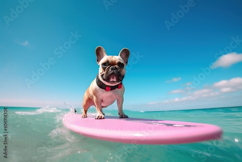 Image of a French bulldog surfing on a pink surfboard at the beach on a sunny day. © Stock Rocket