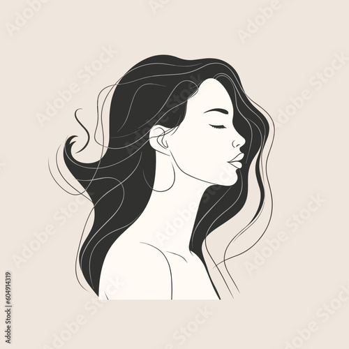 A portrait of a woman with blacke hair and light grey color background, in the style of monochromatic graphic design
