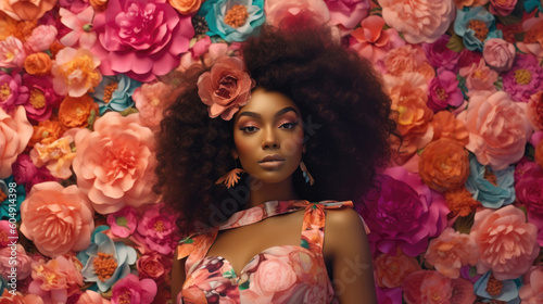 In the style of Hollywood glamour, a black woman poses against a floral backdrop, her eyes shining bright under candycore hues. Generative AI photo