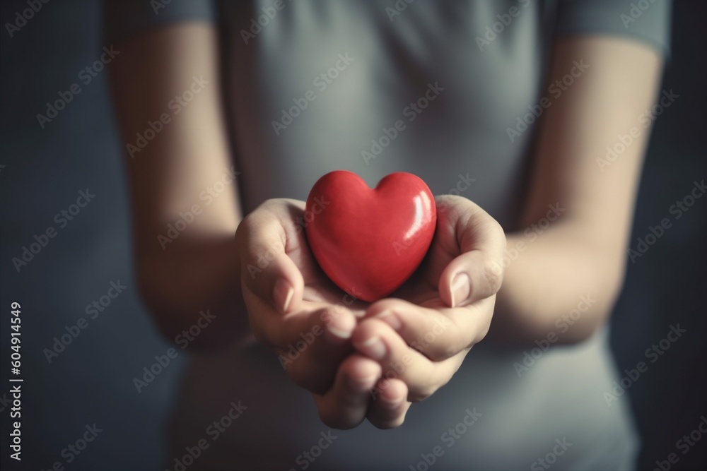 valentine woman hand love health day hold cardiogram red donor care. Generative AI.