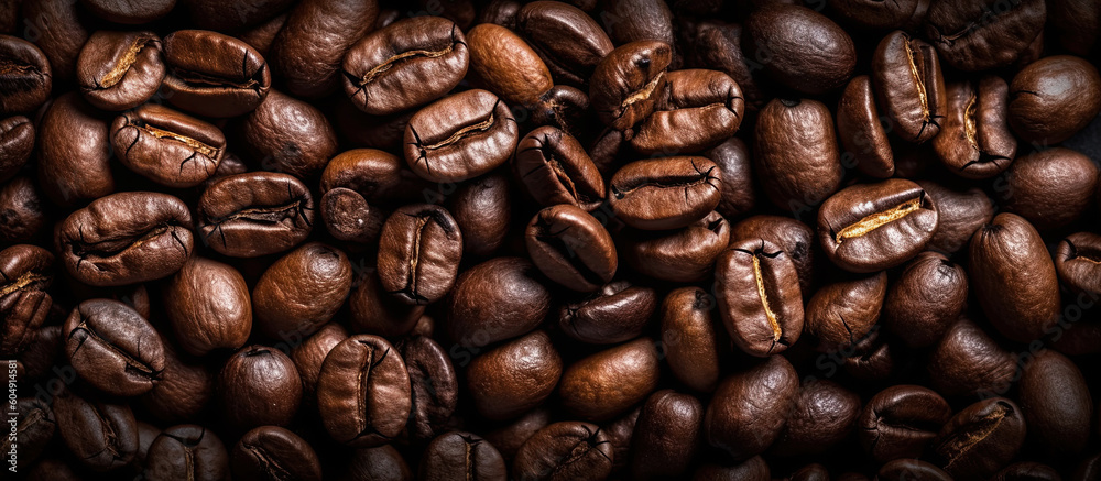 Obraz premium Panoramic horizontal background of roasted coffee beans. Generative AI illustration.