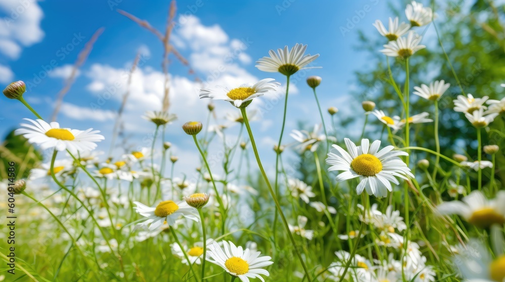 Field of daisies flowers in the grass. Generative AI