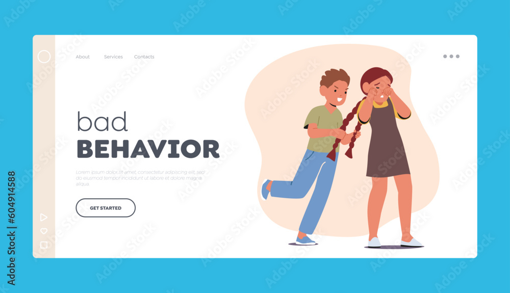 Kid Bad Behavior . Landing Page Template. Playful Boy Character Teasing Girl By Pulling Her Pigtails, Causing To React Kid Bad Behavior . Landing Page Template. Playful Boy Character Teasing Girl By Pulling Her Pigtails, Causing To React