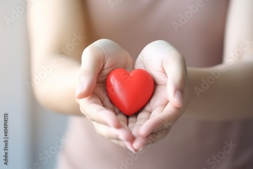 woman hold care red valentine love child health cardiogram hand donor. Generative AI.