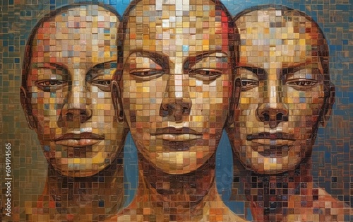 Illustration of a triptych mosaic with varying facial expressions on each head created with Generative AI technology