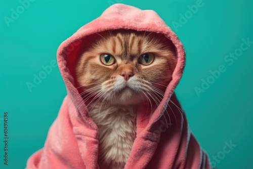 Charming, adorable, funny red cat in a pink robe with a hood on an isolated turquoise background. After the bath. Generative AI.