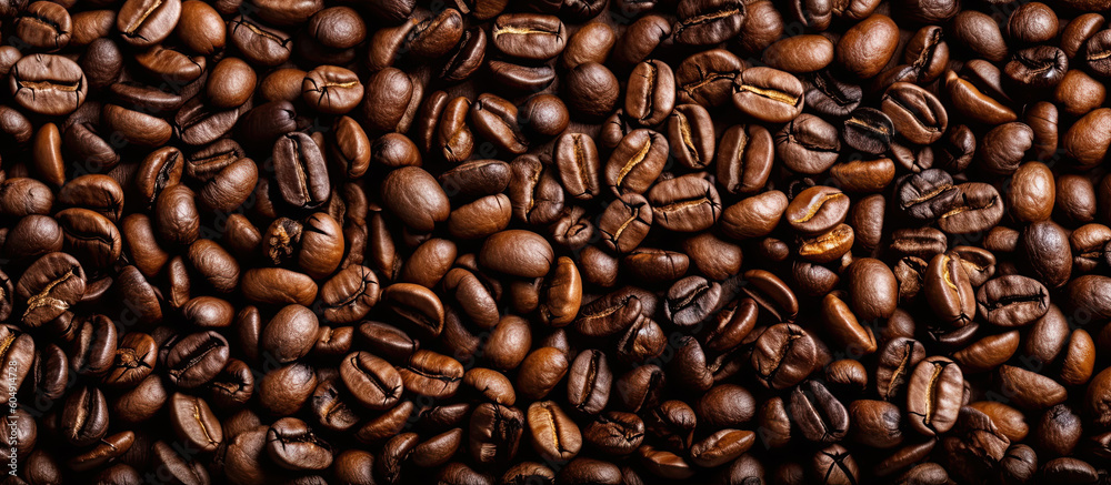 Fototapeta premium Coffee beans. Panoramic horizontal background of roasted aromatic coffee beans. Generative AI illustration.
